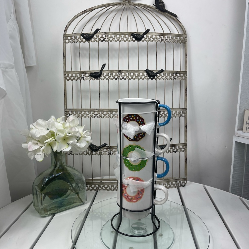 American Atelier Stackable Ceramic Mugs W/Donuts Print,with Metal Stand.